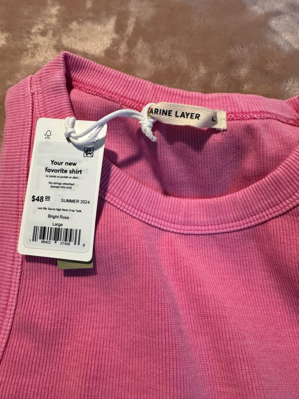 NWT Marine Layer Ribbed High-Neck Crop Tank Top, Pink, Size Large - Picture 3 of 6